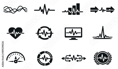 Digital signal and data pulse vector icons in outline style: data stream waves, network signal pulse, server activity graph, transmission arrows, system. Vector icons