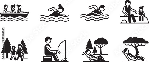 Outdoor recreation and leisure activities icon set showing boating, swimming, hiking, fishing, and relaxing