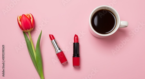 Red lipstick tubes and a pink tulip next to a cup of black coffee on a pink background