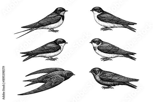 Vintage swallow and martin bird illustrations in various poses