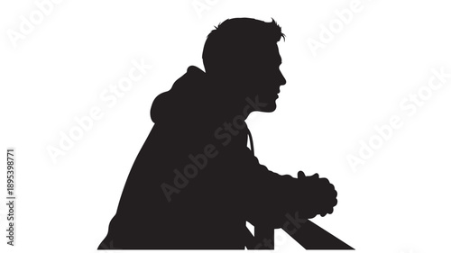 A contemplative silhouette of a person sitting in profile, surrounded by darkness, with a hood and contemplative posture