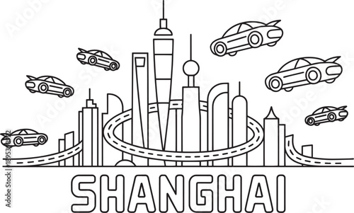 Shanghai skyline with futuristic flying cars and elevated roads over a modern cityscape outline