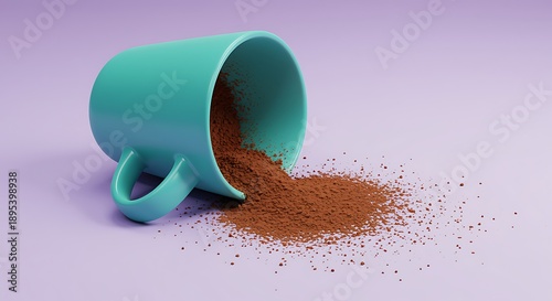 Turquoise mug tipped over spilling brown powder on a purple surface
