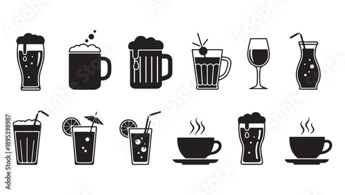 Collection of Beverage Icons in Flat Design Vector Illustration for Drinks Menu and Bar Graphics