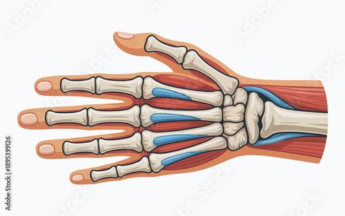 Comprehensive view of human hand anatomy displaying bones, muscles, and ligaments