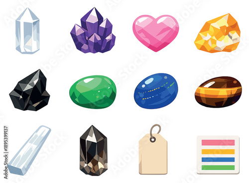 Healing Crystals and Meanings in flat style: clear quartz point, amethyst crystal, rose quartz heart, citrine stone, black obsidian shard, green aventurine. Vector icons