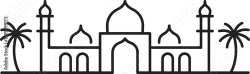 Symmetrical islamic architecture line icon featuring mosque minarets and tropical palm trees
