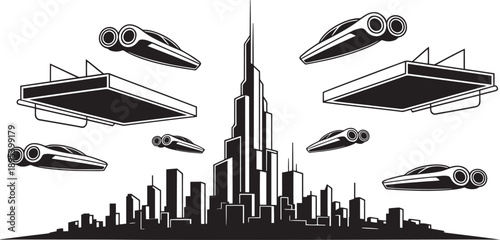 Tall skyscraper in a futuristic city with flying vehicles around it