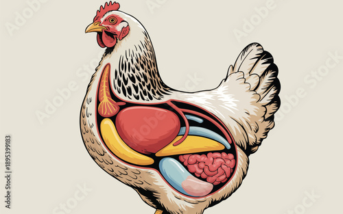 Comprehensive scientific illustration displaying the intricate internal structure of a common chickens body