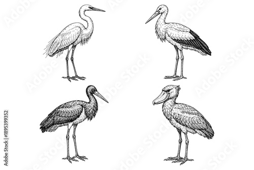 Illustrated collection of diverse wading birds: egret, stork, ibis, shoebill