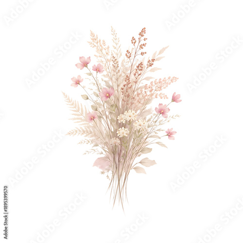Soft Pastel Dried Flowers and Wildflowers Bouquet Watercolor Isolated on Transparent Background