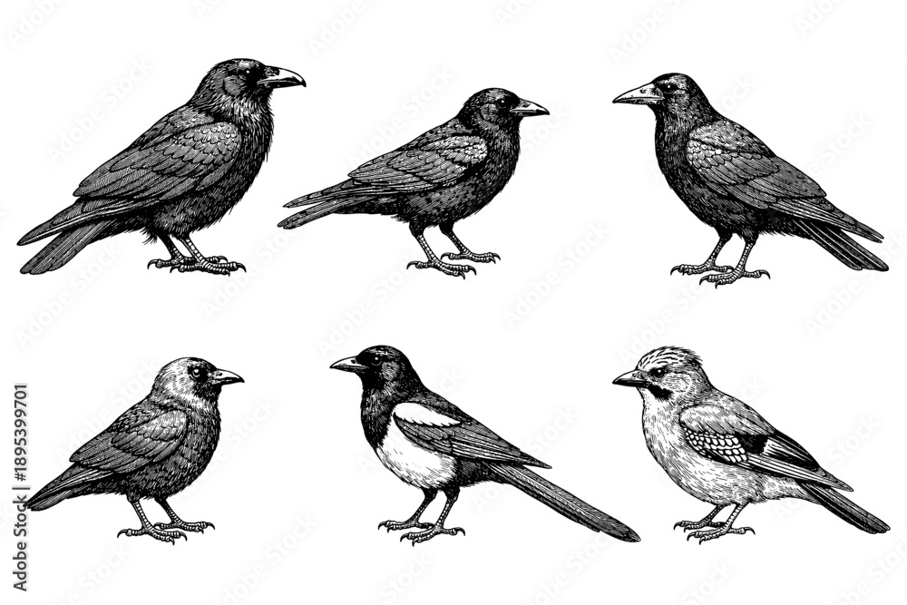 Obraz premium Vintage bird illustrations: crow, raven, magpie, jay - detailed engravings