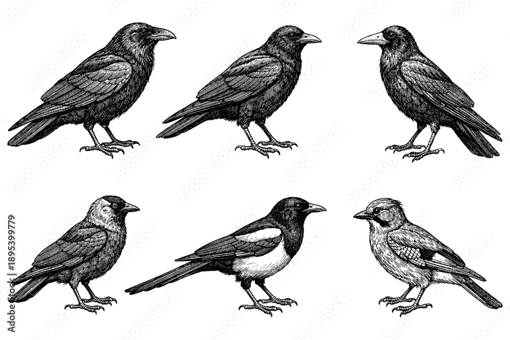 Fototapeta premium Detailed black and white illustrations of various birds including raven magpie jay