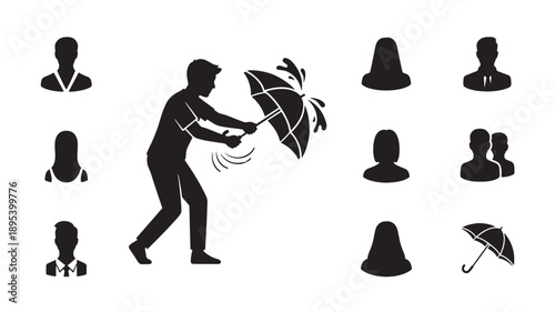 A man is holding an umbrella in the wind surrounded by profile icons in a digital illustration style from a straightforward viewpoint