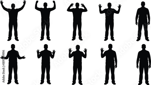 Large collection of diverse business people silhouettes, professional men and women in formal office suits standing in various poses, isolated on white