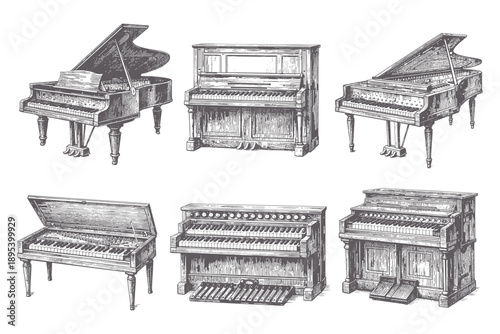 Vintage musical instruments: grand pianos, upright pianos, organs in artistic illustrations