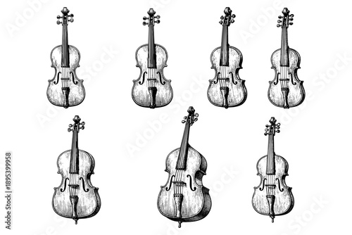 Set of hand-drawn string instruments: violins and cellos
