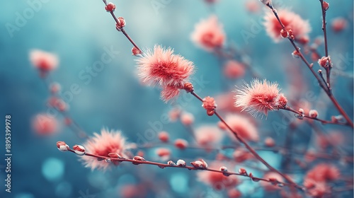 Pink Fluffy Blooming Flowers on Thin Branches in Soft Focus