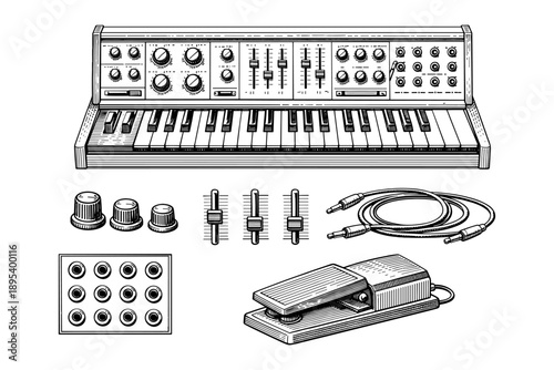 Vintage synthesizer kit with knobs, faders, cables, and pedal in black and white illustration