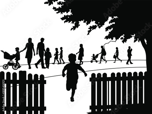 Silhouetted families and children with strollers walking past a fence with a child running ahead family