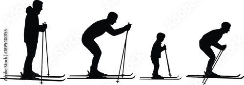 Silhouettes of four individuals engaged in cross-country skiing demonstrating different stances and skill levels on a white background