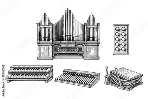 Vintage pipe organ with keyboards and pedals illustration