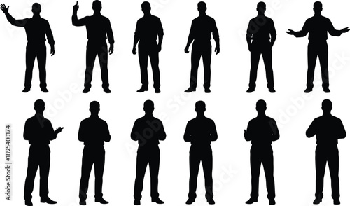 Large collection of diverse business people silhouettes, professional men and women in formal office suits standing in various poses, isolated on white