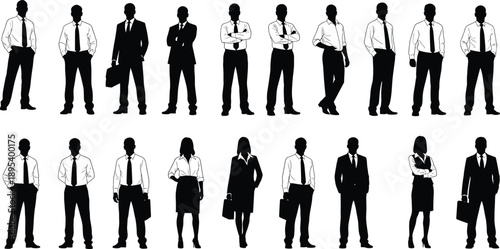 Large collection of diverse business people silhouettes, professional men and women in formal office suits standing in various poses, isolated on white background, (23 words)