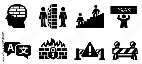 Symbolic and conceptual barriers in bold style: mental block icon, communication wall, inequality divide line, glass ceiling symbol, language barrier speech. Vector icons