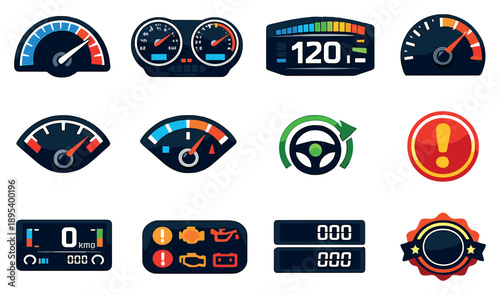 Vehicle Speedometers and Dashboards in flat style: car speedometer, motorcycle gauge, digital speed display, RPM tachometer, fuel gauge, engine temperature dial. Vector icons