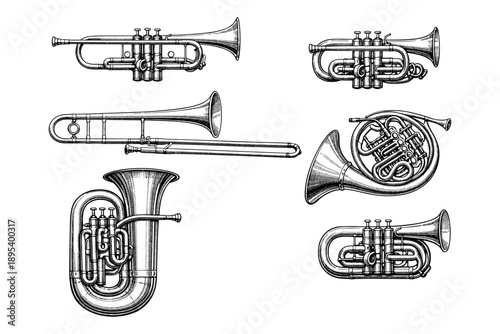 Collection of various brass instruments with detailed line art illustrations