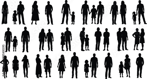 Large collection of diverse family silhouettes including parents holding hands with children, coupa