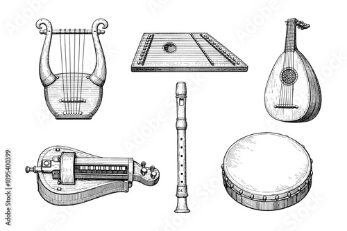 Collection of hand-drawn musical instruments: lyre, zither, lute, hurdy-gurdy, recorder, tambourine
