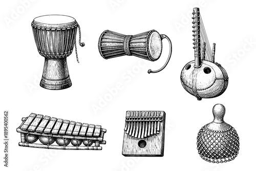 African musical instruments collection featuring djembe, talking drum, kora, balafon, kalimba, shekere