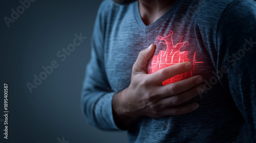 Man Experiencing Chest Pain Holding His Heart, Concept of Heart Attack, Cardiovascular Disease, Medical Emergency, Health Care, Cardiology, Stress and Human Anatomy Illustration