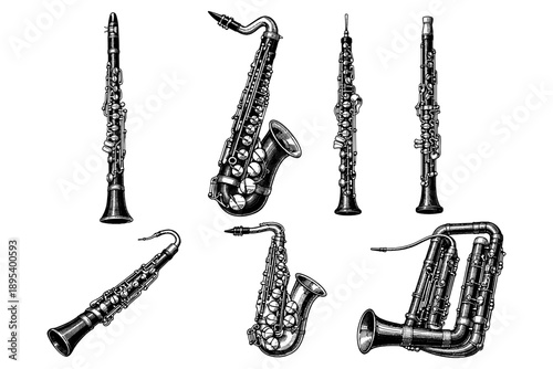 Collection of vintage woodwind instruments: clarinet, saxophone, oboe, cor anglais