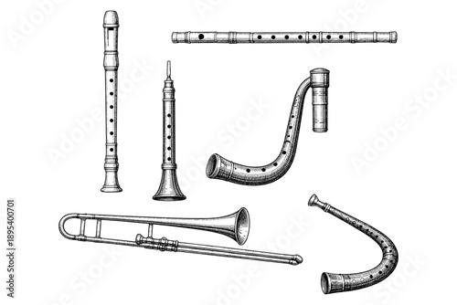 Vintage wind instruments: recorder, clarinet, serpent, trombone, ophicleide