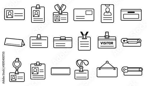 Name Tags for Workplace in outline style: employee badge, office name tag, staff ID, job title label, professional name tag, company logo tag, department label. Vector icons