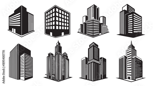 Collection of Modern City Skyscrapers and Office Buildings Flat Design Vector Illustration