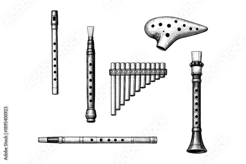 Collection of vintage wind instruments: flute, ocarina, pan flute, recorder