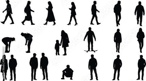 Large collection of diverse people silhouettes including men, women, children, walking, standing, and various everyday activities for flat vector design.