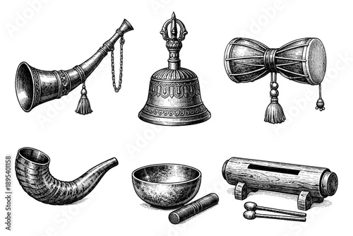 Vintage musical instruments: horn, bell, drum, horn, bowl, percussion set