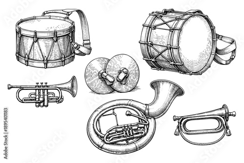 Collection of hand-drawn musical instruments including drums, bugle, trumpet, cymbals, and sousaphone