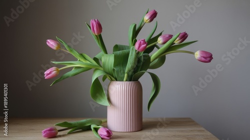 Wallpaper Mural Beautiful pink tulips in a pink vase on a wooden table Torontodigital.ca