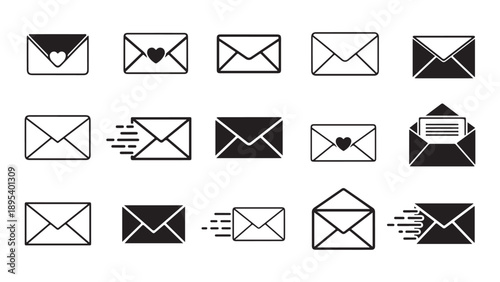 Collection of 16 Minimalist Email and Message Envelope Icons Flat Design Vector Illustration