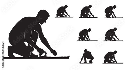 A man is kneeling on the ground and installing flooring in multiple sequential poses shown from a side view.
