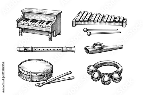 Vintage musical instruments: piano, xylophone, flute, kazoo, drum, bells in sketch style