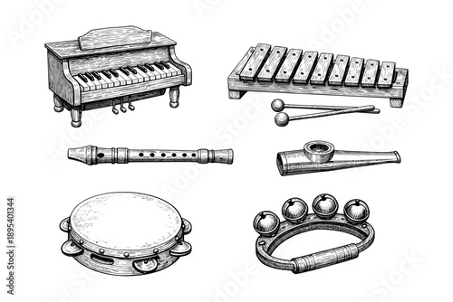 Hand-drawn musical instruments: toy piano, xylophone, recorder, kazoo, tambourine, jingle bells