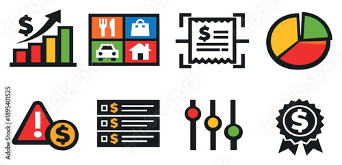 Budgeting and expense tracking in bold style: monthly budget chart, expense categories, receipt scan, spending pie chart, cost alert icon, transaction list. Vector icons