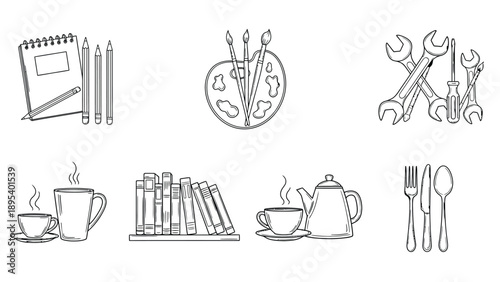 Line drawings of a notebook, pencils, paint palette, tools, a steaming cup, books, teapot, and cutlery, symbolizing creativity and everyday activities.